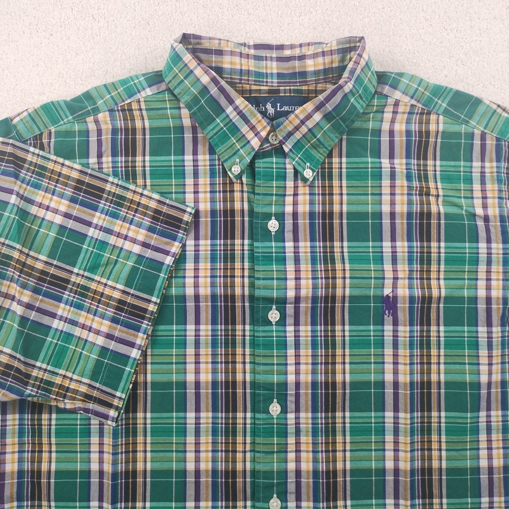 Ralph Lauren Shirt Men's XL Green Multi Plaid Short Sleeve Classic Fit Pony EUC